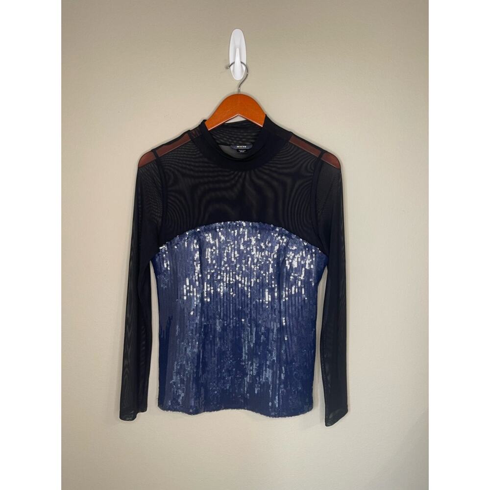 Maeve by Anthropologie Long-Sleeve Sheer Sequin Top in Black and Blue M - Picture 3 of 9